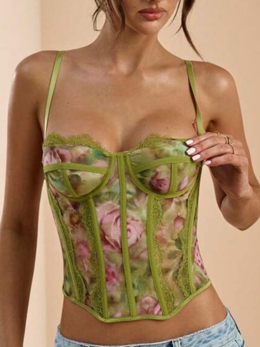 SHEIN Green Floral Lace Corset Camisole